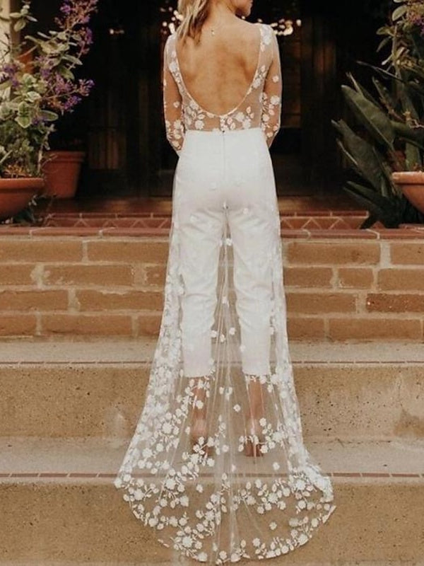 Damen Weiß Moderner stylischer Braut Jumpsuit | Langarm