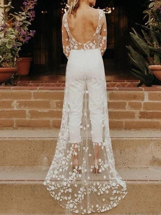 Damen Weiß Moderner stylischer Braut Jumpsuit | Langarm
