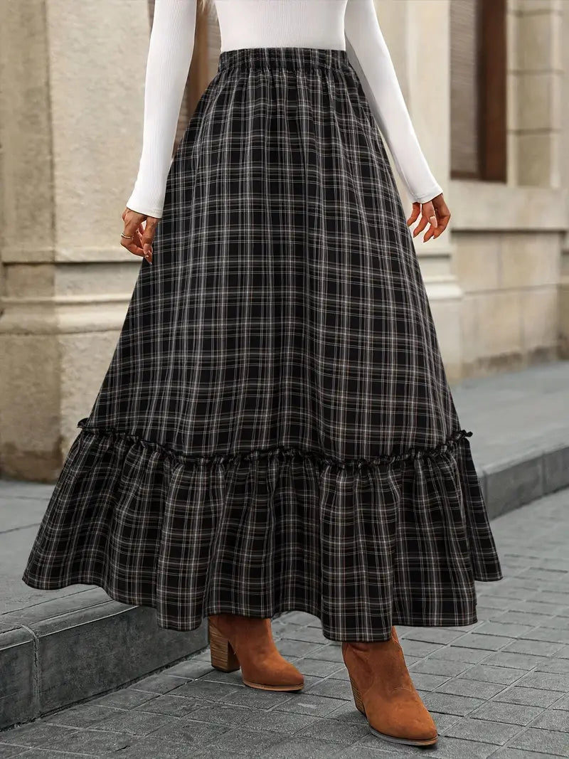 Eleganter karierter Midirock für Frauen - hohe Taille, asymmetrischer Saum