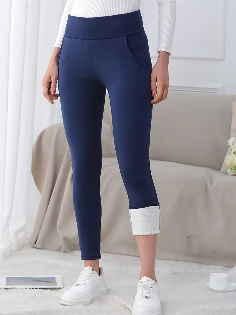 Plüsch gefütterte Thermohose mit Taschen, warmes breites Band Taille Slim