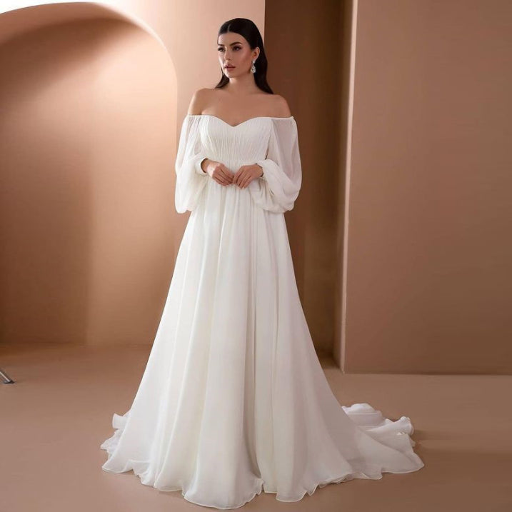 Damen Weiß Langärmelig mit Schlitz Brautkleid | Maxi