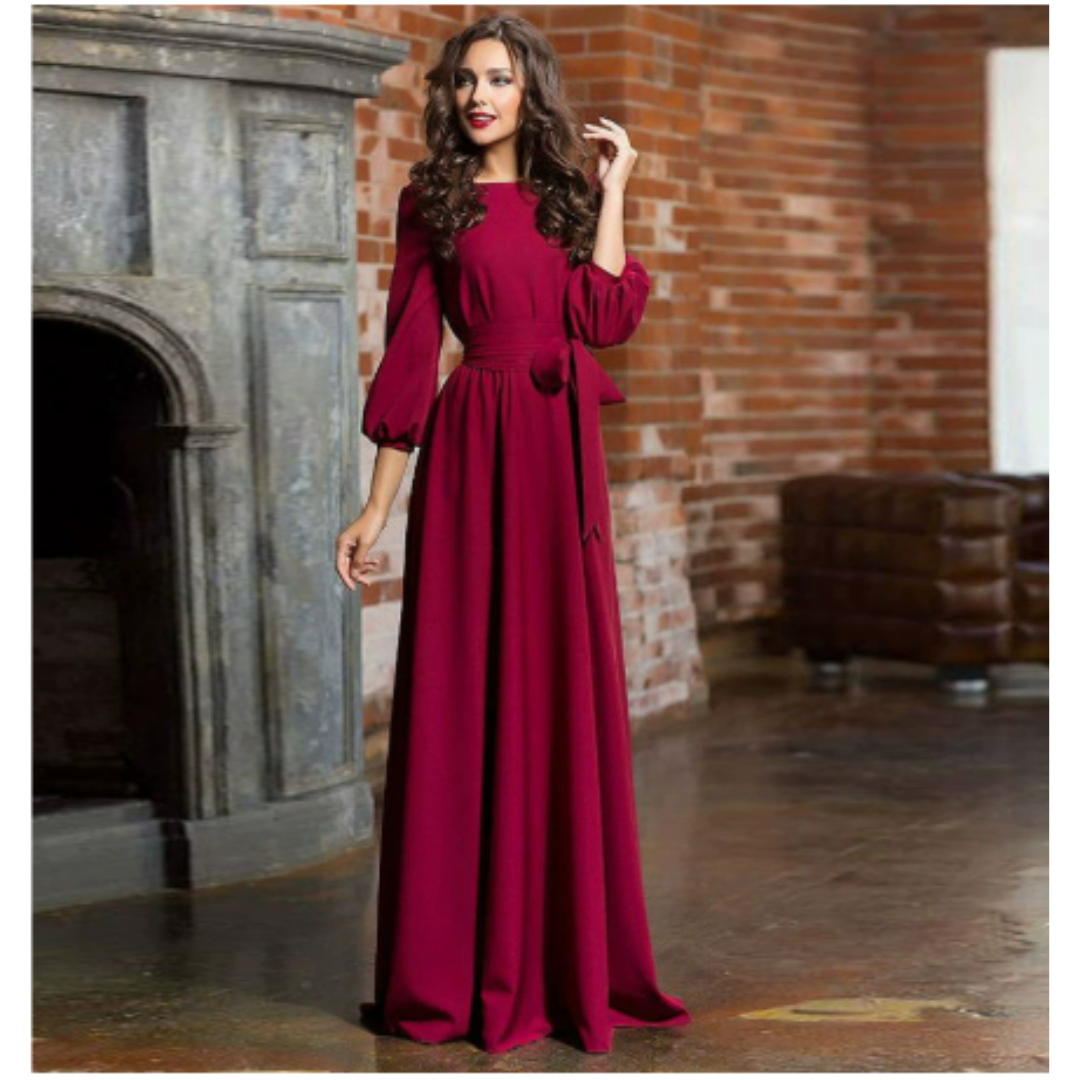Kleid mit Rundhalsausschnitt, Chiffon und Laternenärmeln