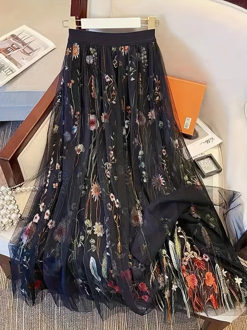 Verträumter Netzrock mit Blumenmuster und bequemer elastischer Taille