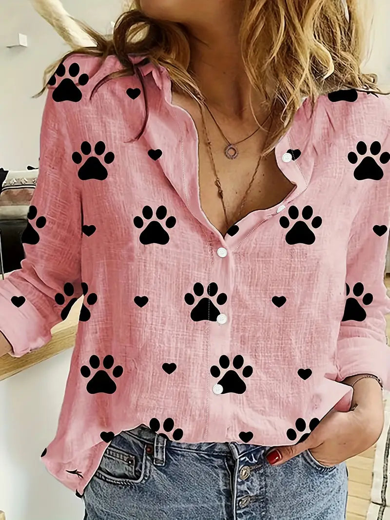 Langarmhemd mit Pfotenmuster, Knopfleiste, Casual Polyester Shirt