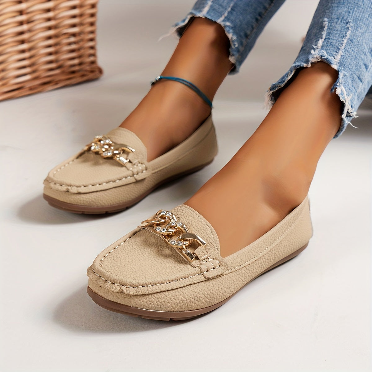 Damen Loafer mit Strasskette – Bequeme Slip-On Schuhe