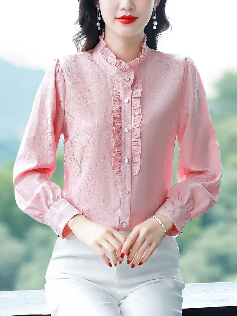Langarm Button-Down Bluse – Elegante Polyester Bluse mit Stehkragen