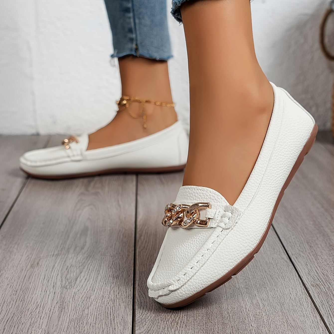 Damen Loafer mit Strasskette – Bequeme Slip-On Schuhe