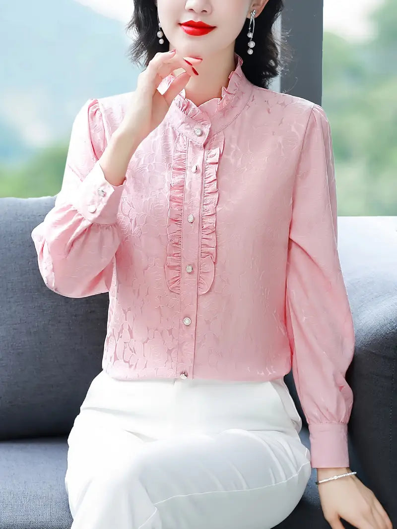Langarm Button-Down Bluse – Elegante Polyester Bluse mit Stehkragen