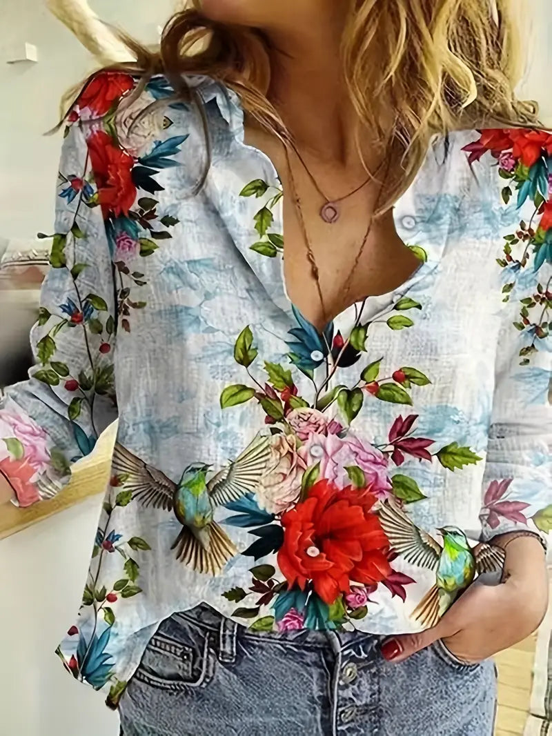 Damen Vintage Bluse, Vogel- Blumenmuster, Langarmhemd