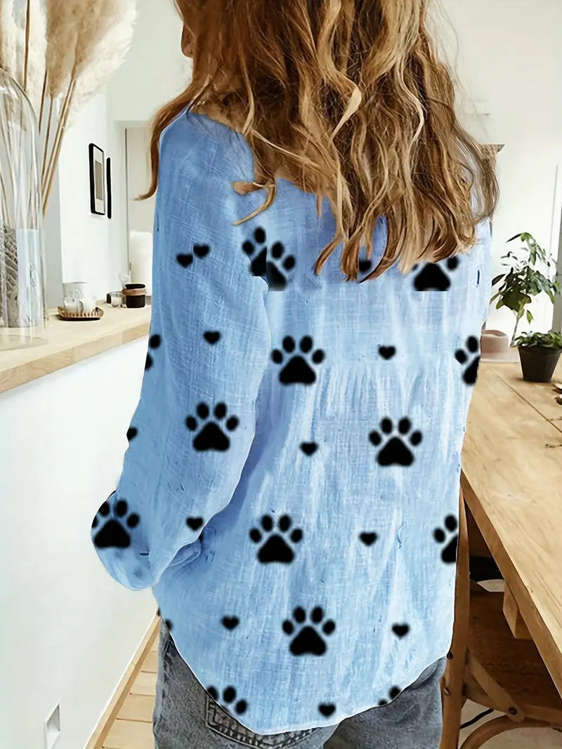 Langarmhemd mit Pfotenmuster, Knopfleiste, Casual Polyester Shirt