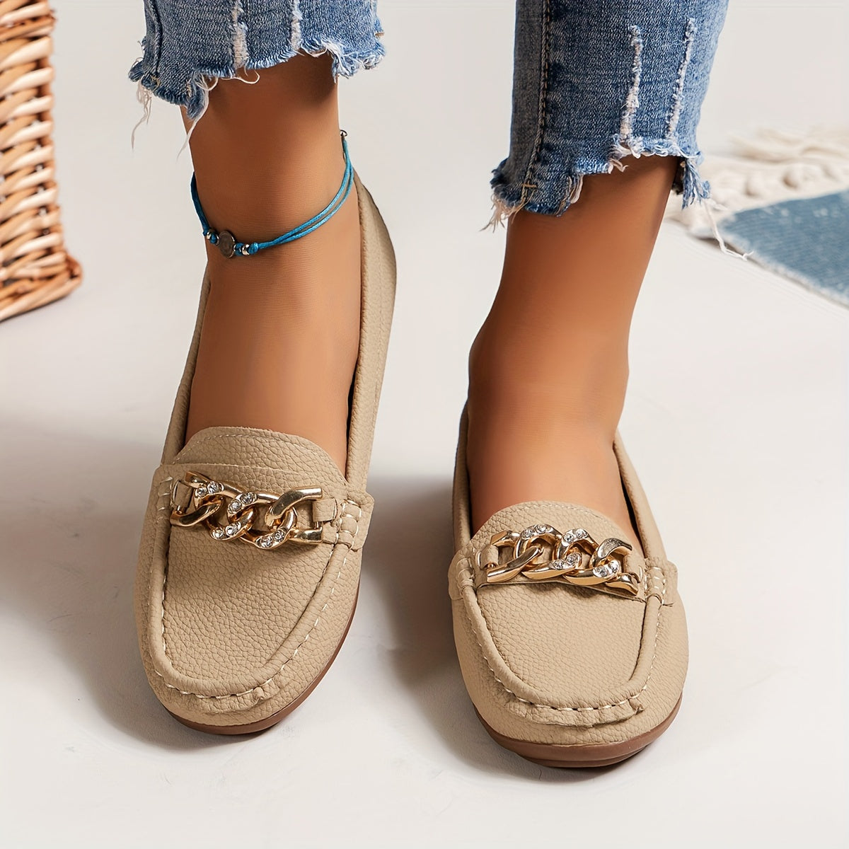 Damen Loafer mit Strasskette – Bequeme Slip-On Schuhe