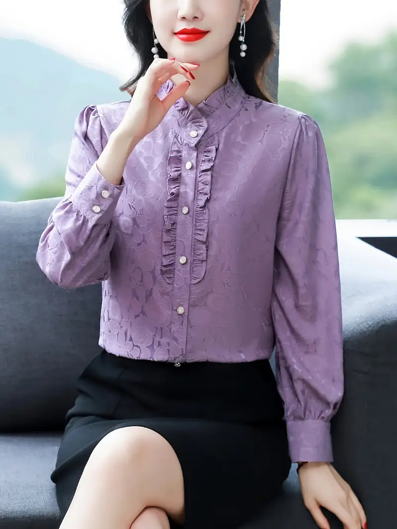 Langarm Button-Down Bluse – Elegante Polyester Bluse mit Stehkragen
