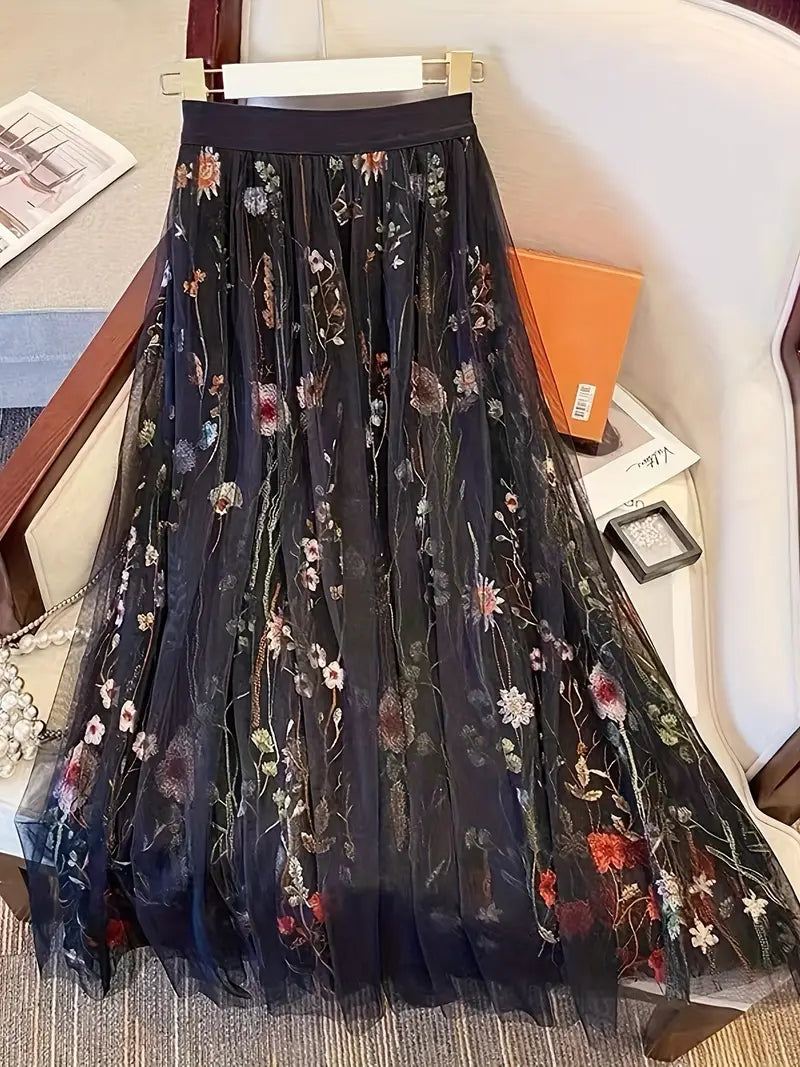 Verträumter Netzrock mit Blumenmuster und bequemer elastischer Taille