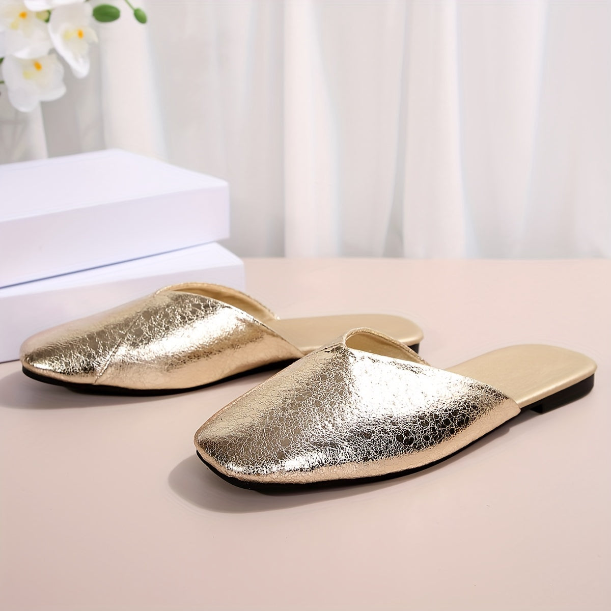 Damen Retro-Flache Mules, Goldene Slip-On Loafer mit Gummisohle