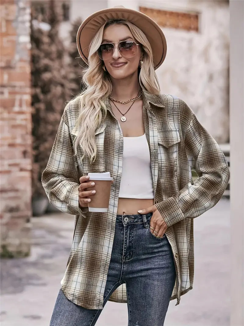 Plaid Knopfleiste Bluse, Elegante Langarm Hemdbluse für Frauen