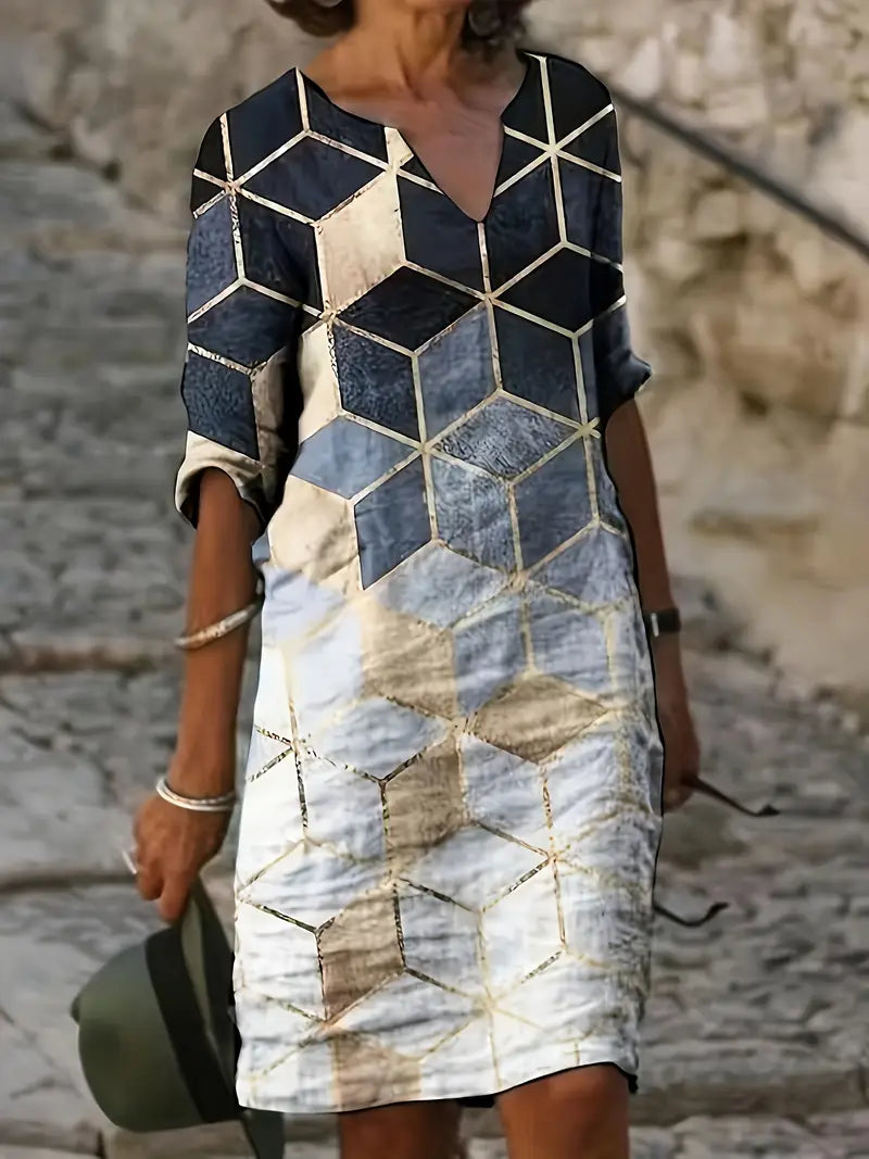 Elegantes geometrisches Farbblock-Midikleid - V-Ausschnitt