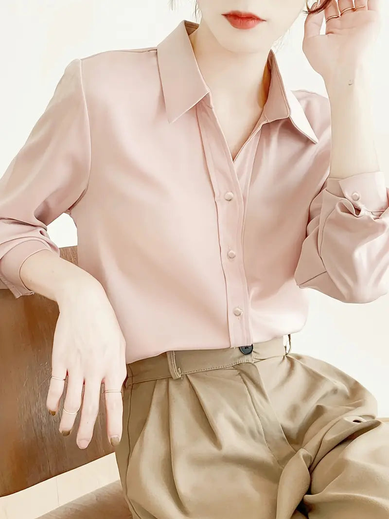 Satin Bluse Langarm – Elegante Knopfleistenbluse für Büro & Freizeit