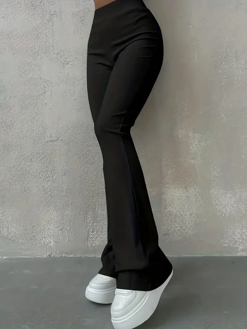 Alltags-Flare-Hose mit hoher Taille, einfarbig, gerippt für Damen