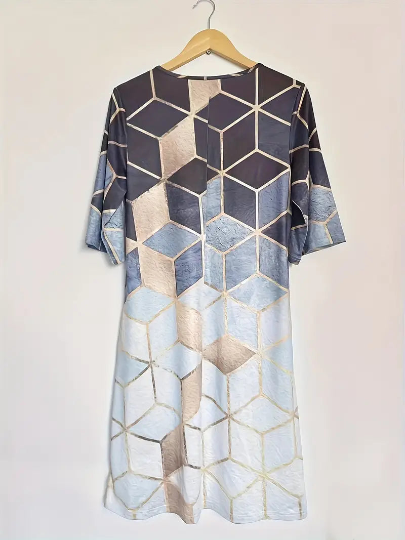 Elegantes geometrisches Farbblock-Midikleid - V-Ausschnitt