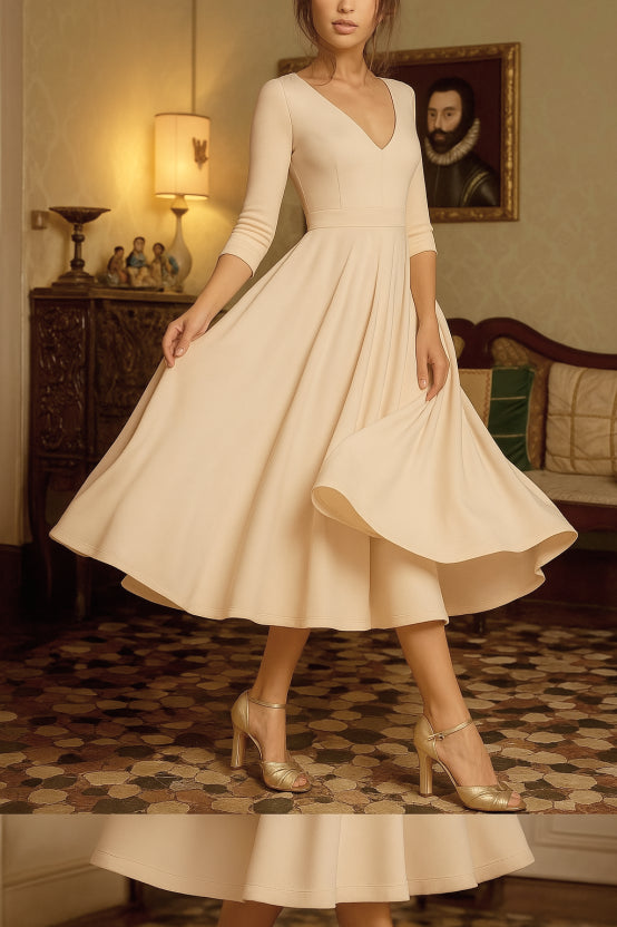 Damen Weiß Klassischer V-Ausschnitt A-Linie Brautkleid | Midi