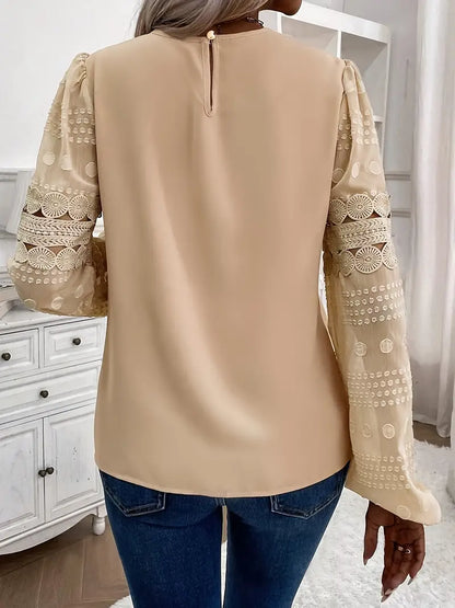 Damen Eyelet Bestickte Crew Neck Bluse, Elegante Langarm Bluse