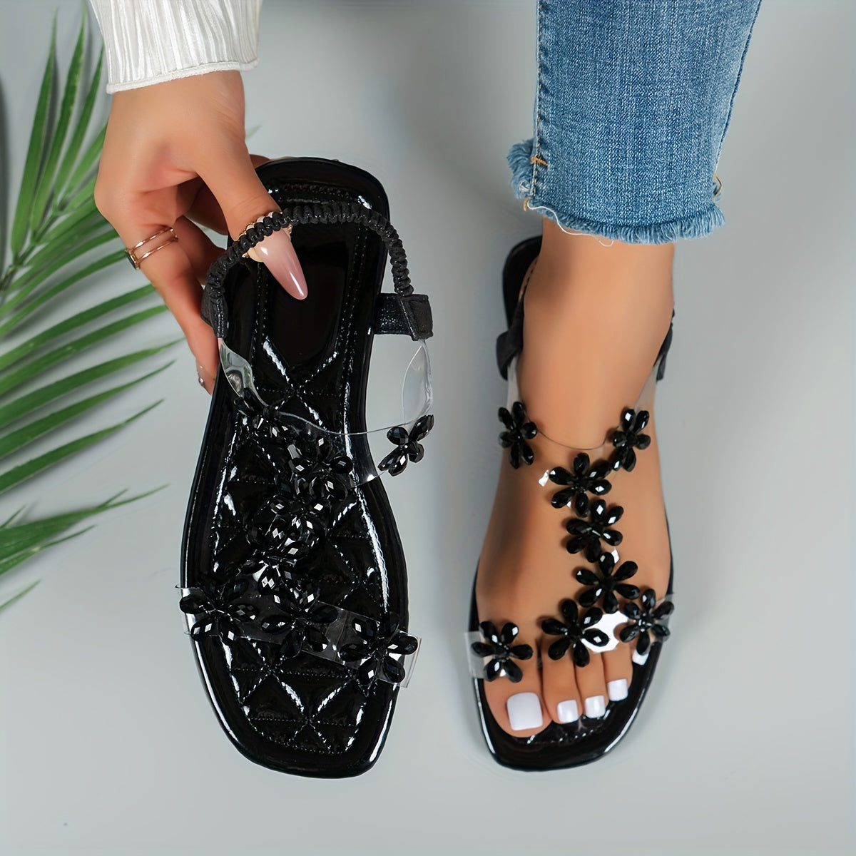 Flache Sandalen mit Strass-Schmetterlingen für Damen, Leichte Sommer