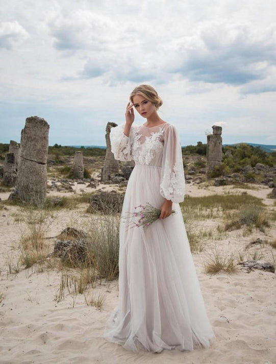 Langärmliges Weißes Brautkleid Mit V Ausschnitt Für Damen | Maxi