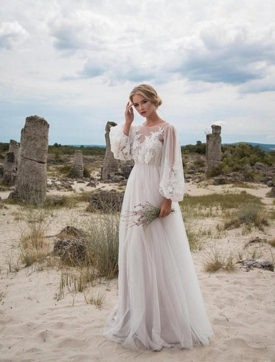 Langärmliges Weißes Brautkleid Mit V Ausschnitt Für Damen | Maxi