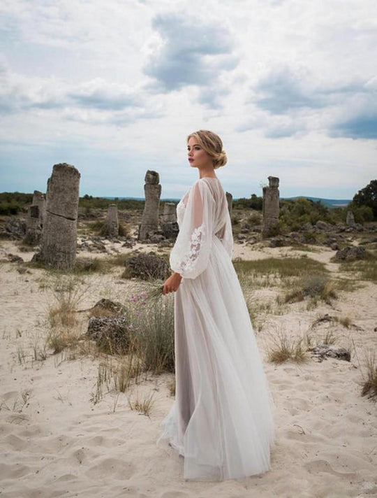 Langärmliges Weißes Brautkleid Mit V Ausschnitt Für Damen | Maxi