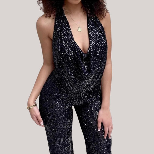 Eleganter Damen Jumpsuit mit Pailletten | Weites Bein