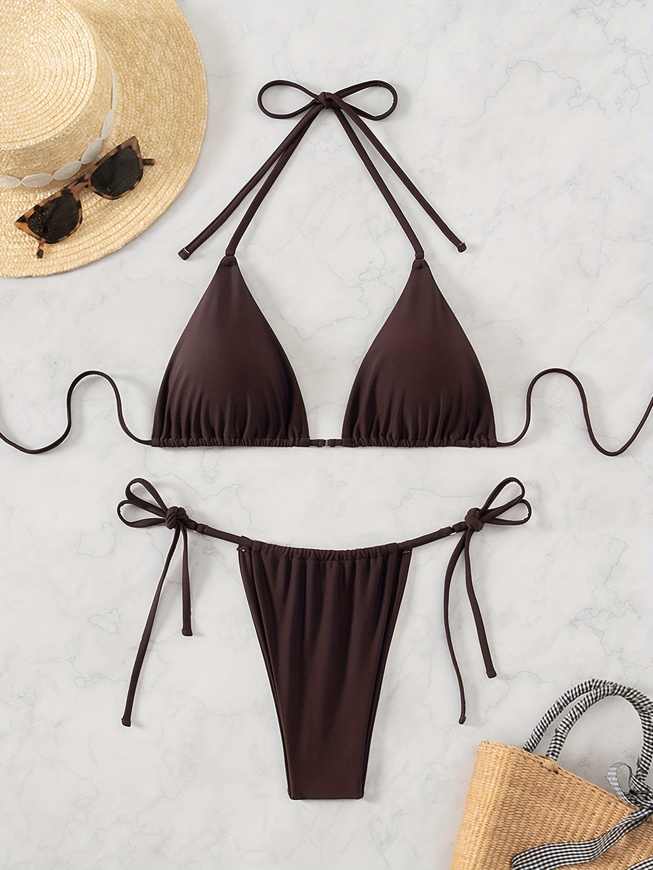 Zweiteiliger Bikini – Einfarbiges Dreieck-Set mit Neckholder & Bindungen