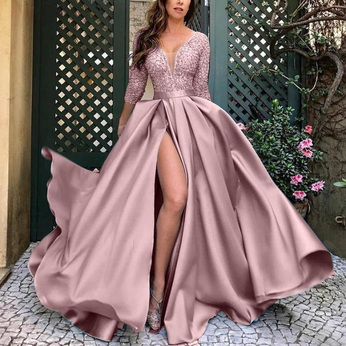 Paillettenkleid Mit V Ausschnitt Und 3/4 Ärmeln Für Damen | Maxi