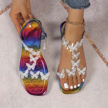 Flache Sandalen mit Strass-Schmetterlingen für Damen, Leichte Sommer