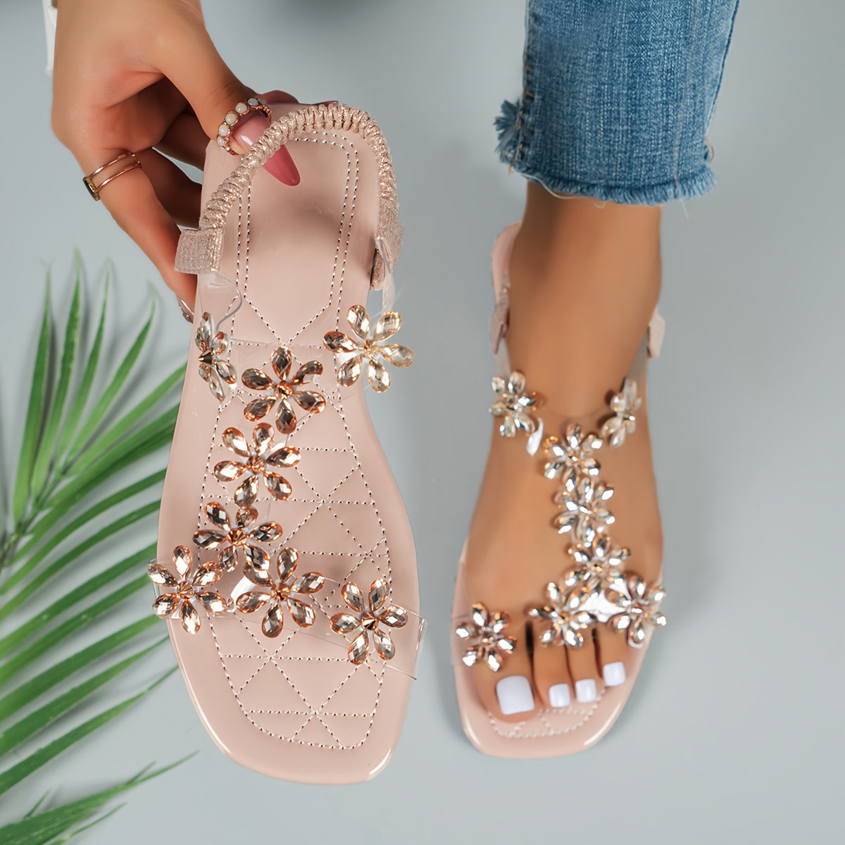 Flache Sandalen mit Strass-Schmetterlingen für Damen, Leichte Sommer