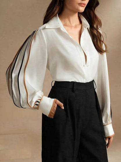 Damen Streifenbluse mit Knopfleiste – Polyester, Langarm