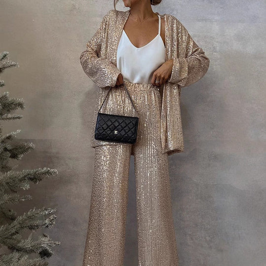 Zweiteiliges Pailletten-Anzug-Set für Damen | Hohe Taille