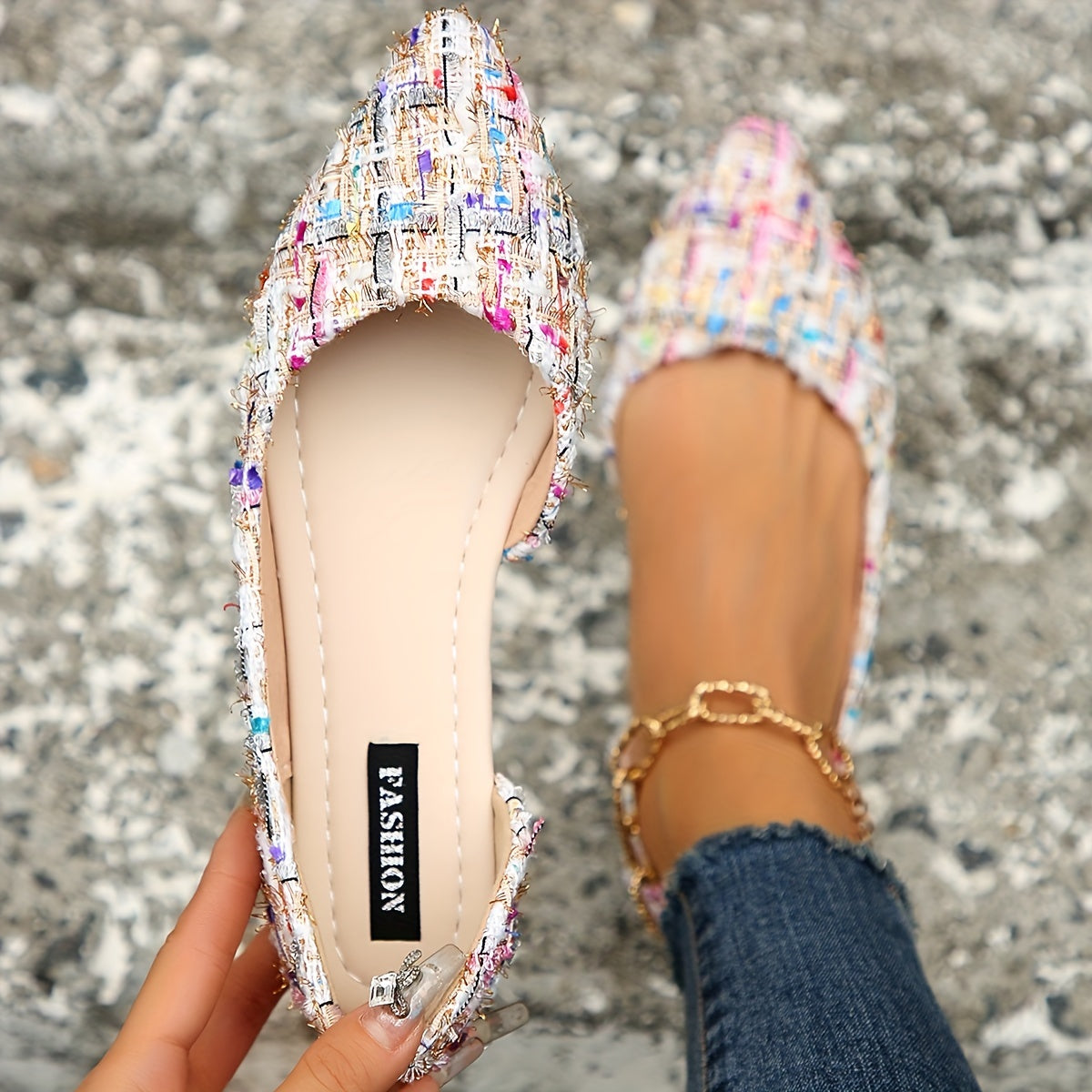 Elegante spitze Zehe Flats, Seite Ausgeschnittener Tweed-Slip-On Schuhe