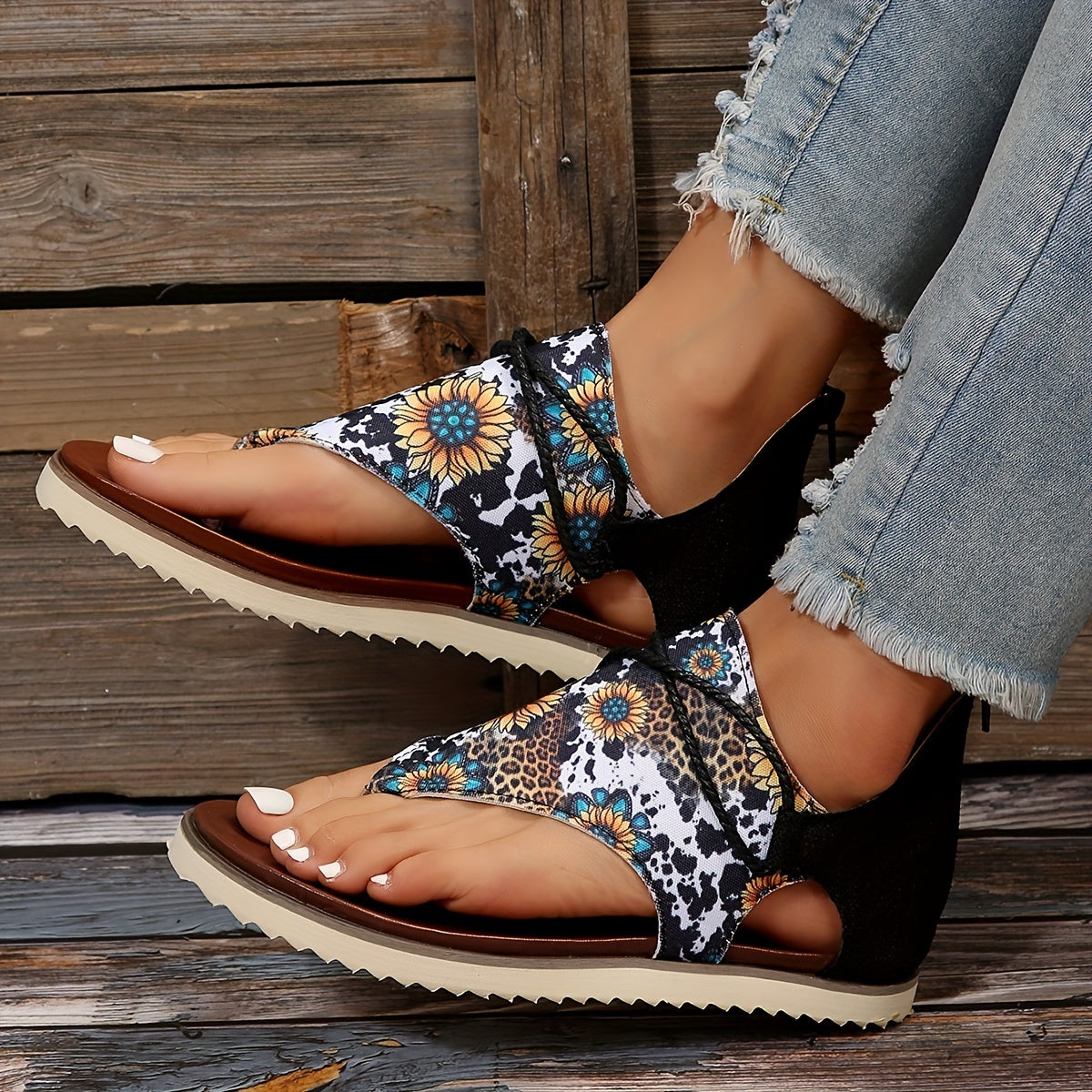 Flip-Flops mit Sonnenblumen Leopard Print und Batik-Muster