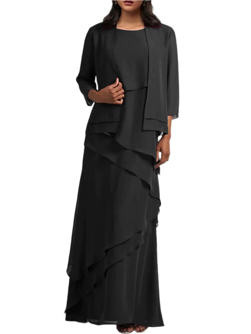 Schwarz Mehrlagiges Damenkleid Mit Blazer | Maxi