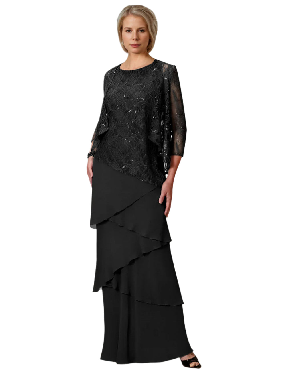 Schwarz Abendkleid Mit 3/4 Ärmeln Für Damen | Maxi