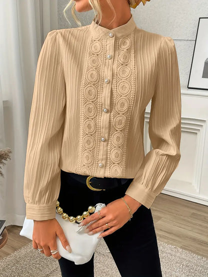 Langarm Bluse mit Spitze – Einfarbig, Texturiert, Knopfleiste