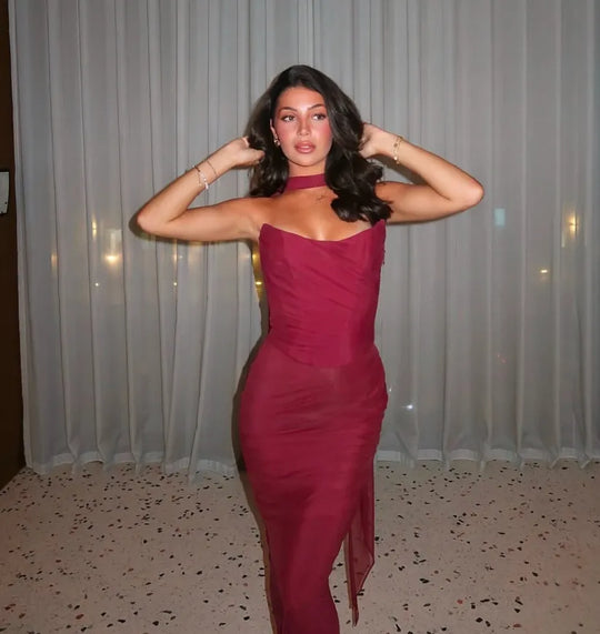 Rot Trägerloses Hochzeitsgast Kleid Für Damen | Maxi