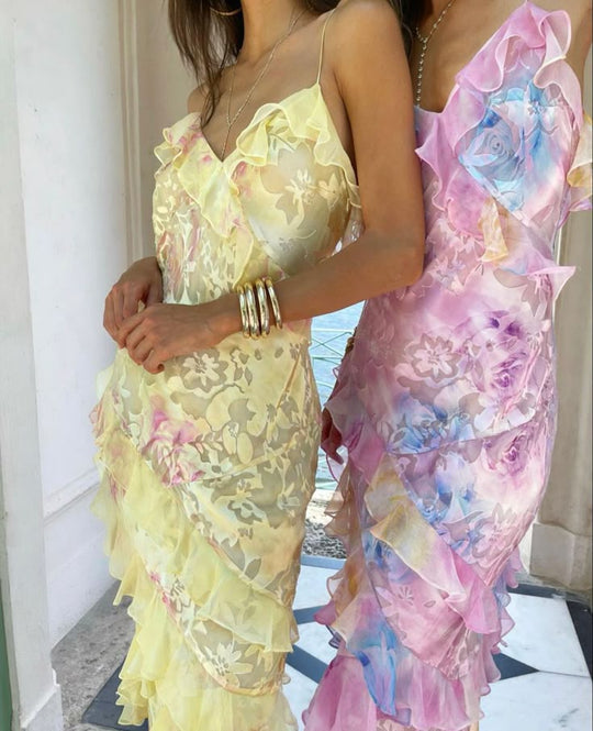Damen Elegantes Pastellfarbenes Rüschen-Hochzeitsgastkleid | Maxi