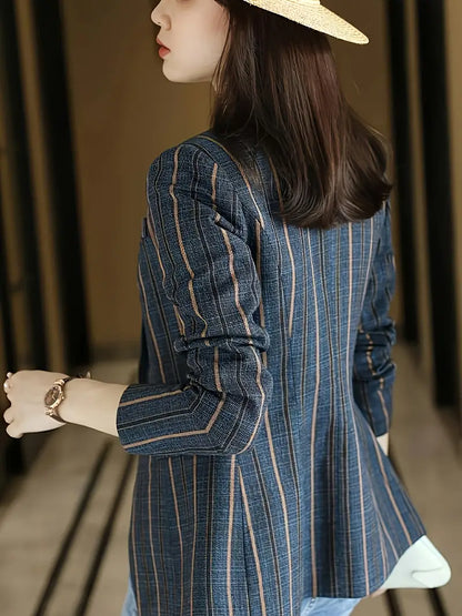 Eleganter Gestreifter Blazer für Damen – Marineblau, Normale Passform, Langarm