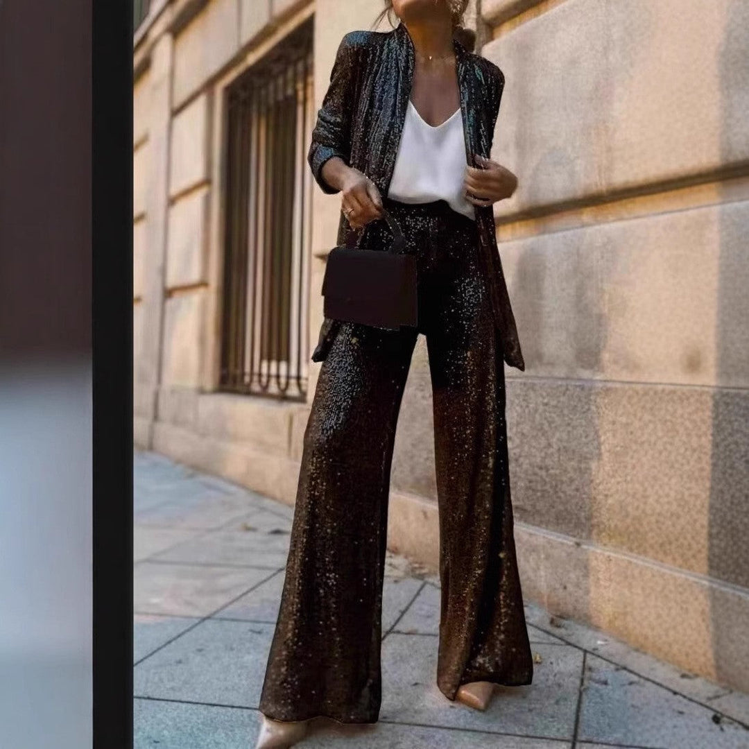 Zweiteiliges Pailletten-Anzug-Set für Damen | Hohe Taille