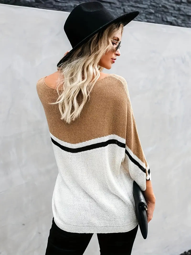 Damen Color Block Pullover – Boatneck, Lässiger Langarm