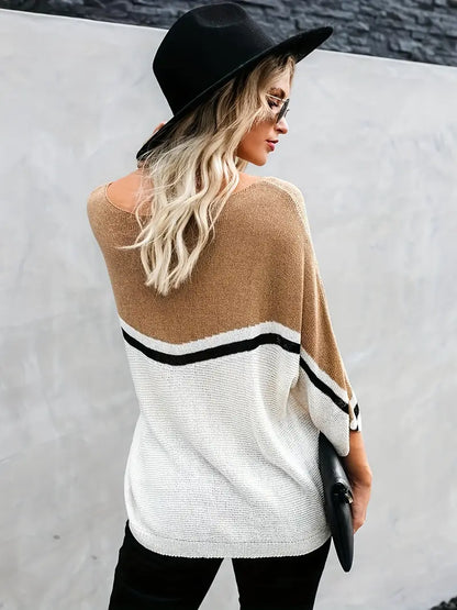 Damen Color Block Pullover – Boatneck, Lässiger Langarm