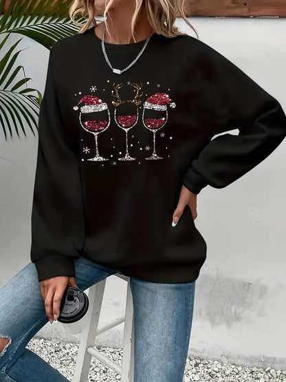 Weihnachtspullover für Damen mit Weinglas und Weihnachtsmannmütze