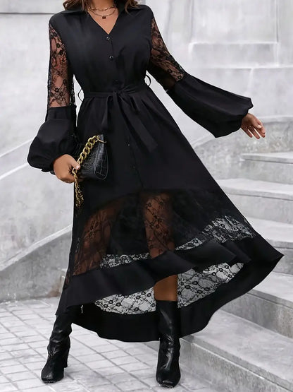 Elegantes Damen V-Ausschnitt-Kleid mit Knopfleiste und Spitzendetails