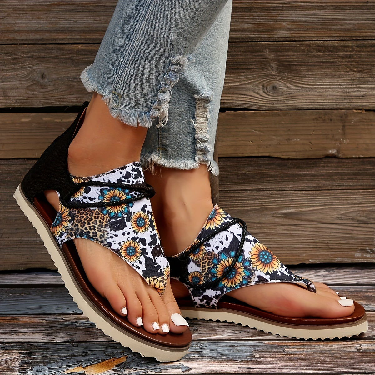 Flip-Flops mit Sonnenblumen Leopard Print und Batik-Muster